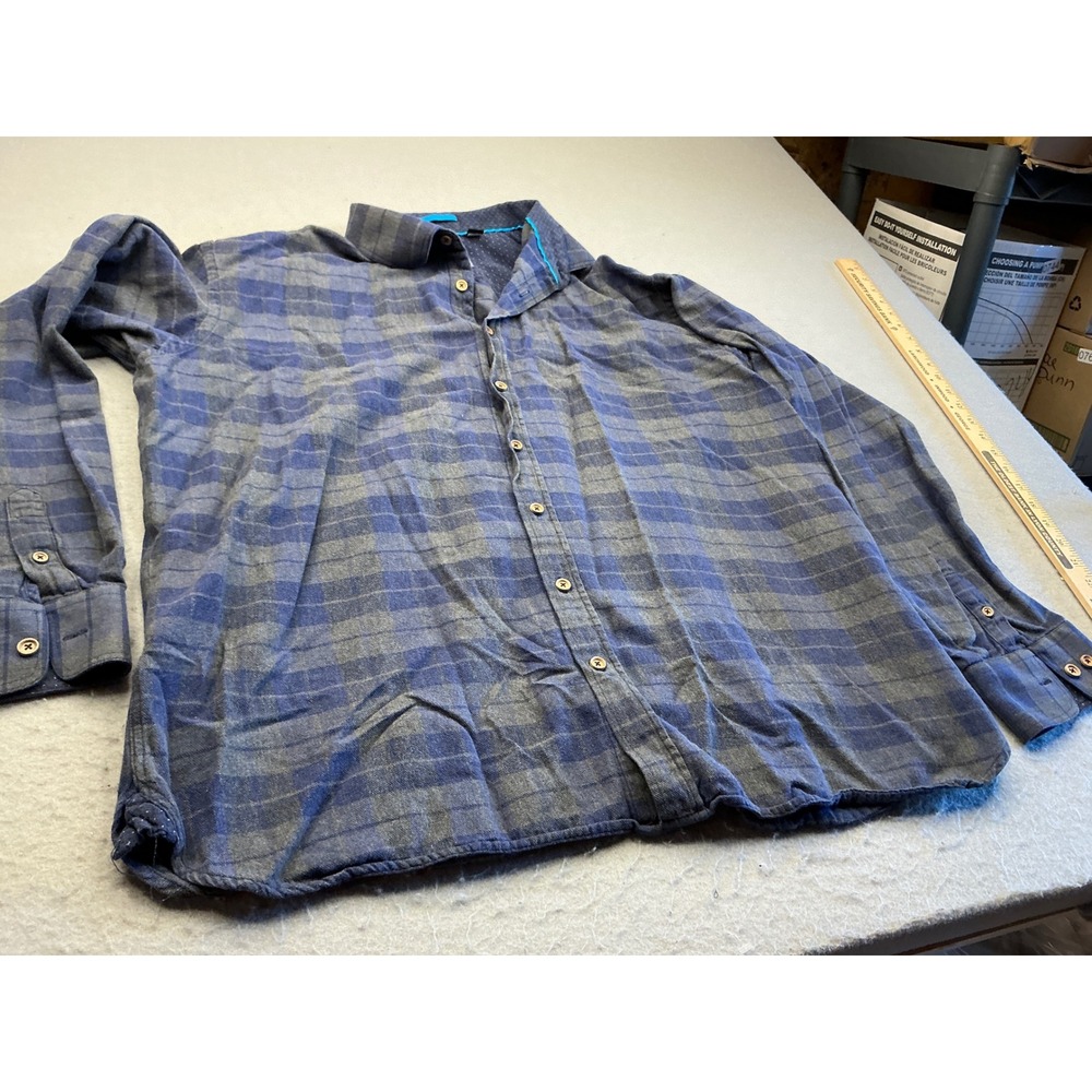 Enzone Plaid Flannel Shirt Blue Grey Long Sleeve Button Up Mens 3XL Casual